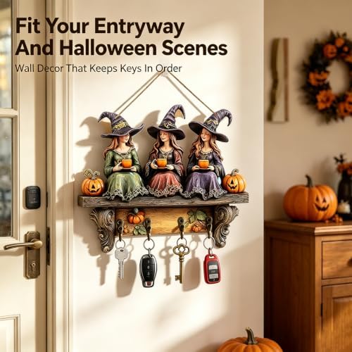 Halloween Witch Key Holder Wall Mount,2D Wooden Wall Decor with 4