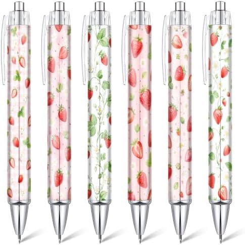 Strawberry Pens Set of 6, Black Ink Ballpoint Pens for Summer Gifts