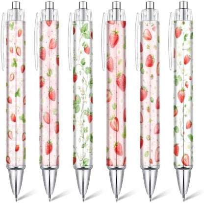 Strawberry Pens Set of 6, Black Ink Ballpoint Pens for Summer Gifts