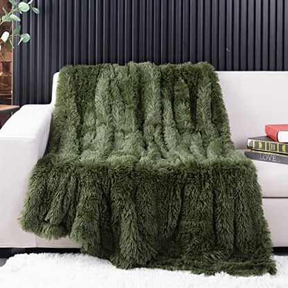 YUSOKI Long Faux Fur Throw Blanket, Olive Green,50" x 60"