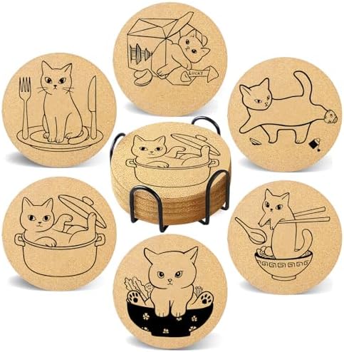 Coasters for Drinks with Holder Set of 6, Cat Cork Coaster Absorbent
