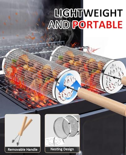 Rolling Grill Basket, Grill Gift for Men, Removable Wooden Handle, 304