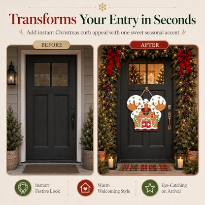 Gingerbread House Shaped Door Sign, Festive Mouse Ears Holiday Wall