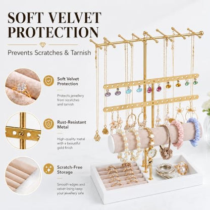 Jewelry Holder Stand with Velvet Tray, 3-Tier Gold Metal Organizer for