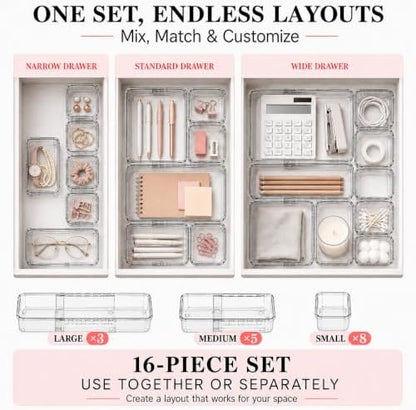 Adjustable Clear Drawer Storage Organizer, 16 Pack 3 Sizes Expandable