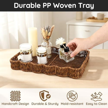 Segbeauty Plastic Wicker Serving Tray with Handles for Home Decor