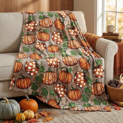 Horaldaily Fall Wood Plank Grain Pot Pumpkin Flannel Throw Blanket