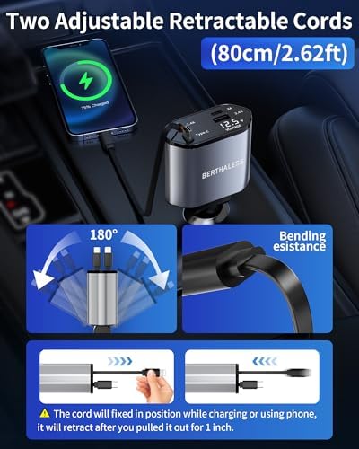 Retractable Car Charger,4 in 1 Fast Charging Car Charger with USB-C &