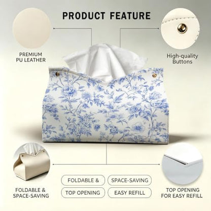 UTELKA Blue Flroal Rectangle Tissue Box Cover PU Tissue Holder 9.8x6x7