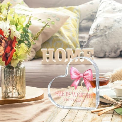Encouragement Gifts for Women, Pink Bow Heart Acrylic Christian Desk