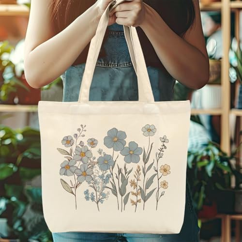 Aesthetic Floral Canvas Tote Bag for Women with Pocket, Tote Bags for