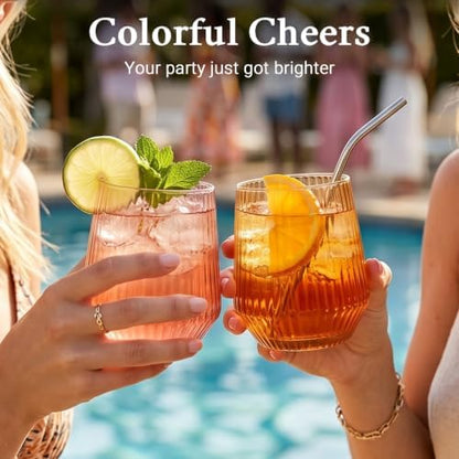 Colored Stemless Wine Glasses Set of 6, 12.5 Oz Ribbed Wine