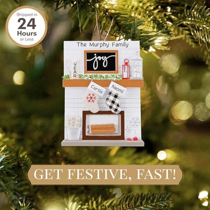 Personalized Couple Ornament 2026, White Fireplace with Stockings