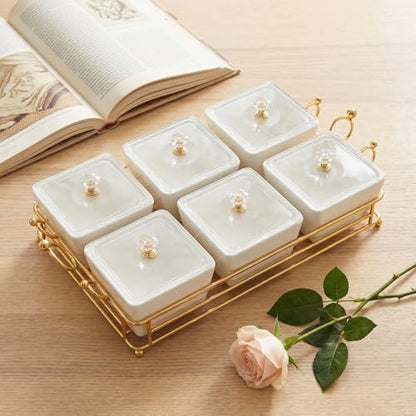 YA JU Ceramic Bowls and with Lid Gold Basket Trays, 6 Removable Small