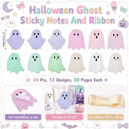 24 Set Pastel Halloween Ghost Sticky Notes and Pens Party Favor Bulk