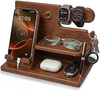 TESLYAR Wood Phone Docking Station for Men - Desk or Nightstand