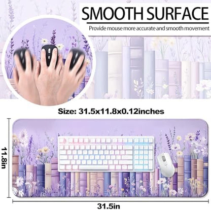 Pretty Wildflower and Book Gaming Desk Mat & Mouse Pad, Purple, XL