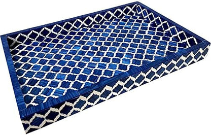 Handmade Blue White Bone Inlay Serving Tray Moroccan Damask