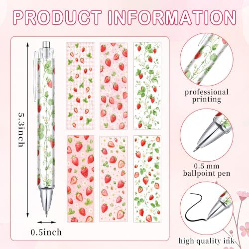 Strawberry Pens Set of 6, Black Ink Ballpoint Pens for Summer Gifts