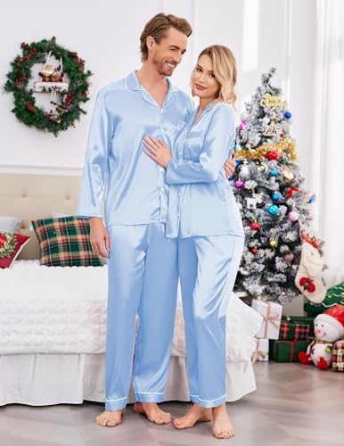 Ekouaer Couples Matching Pajamas Silk Long Sleeve Sleepwear Satin Pjs