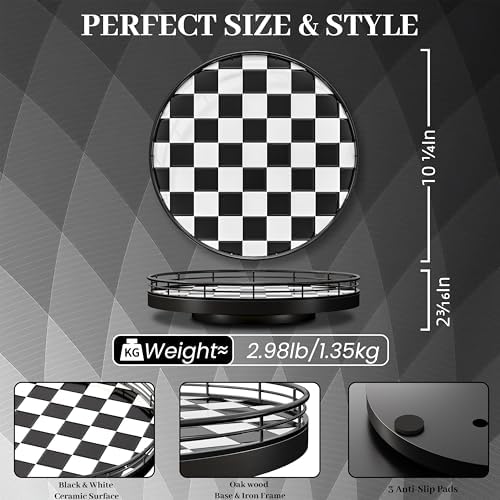 10.2-Inch Black and White Checkerboard Lazy Susan with Oak Base