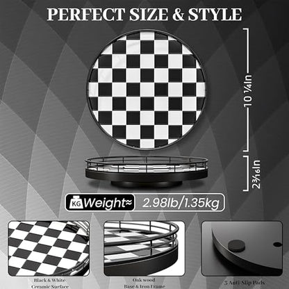 10.2-Inch Black and White Checkerboard Lazy Susan with Oak Base