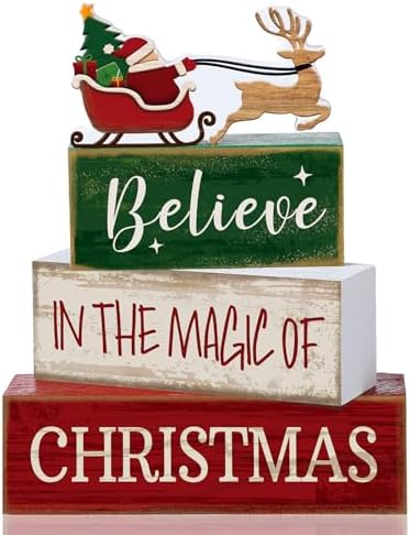 Lineshading 4 Pcs Christmas Table Decorations Wooden Stacked Block