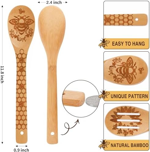 6 PCS Bee Wooden Cooking Bamboo Spoons Set,Bumble Bee Kitchen Utensil
