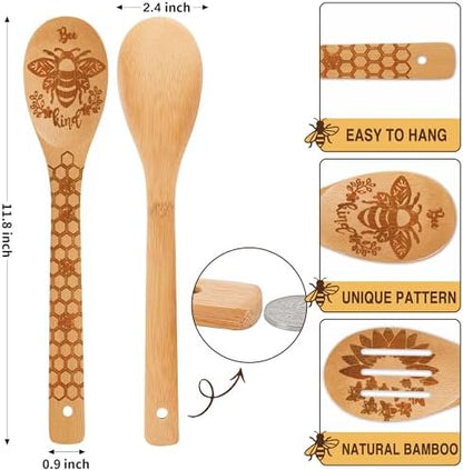 6 PCS Bee Wooden Cooking Bamboo Spoons Set,Bumble Bee Kitchen Utensil