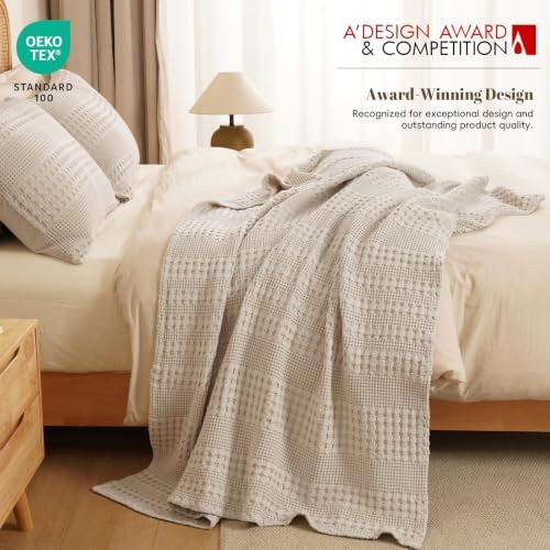 PHF Lightweight 100% Cotton Waffle Throw Blanket for Couch, Light