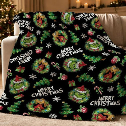 Holiday Character Christmas Throw Blanket, 50x60in Soft Flannel Green