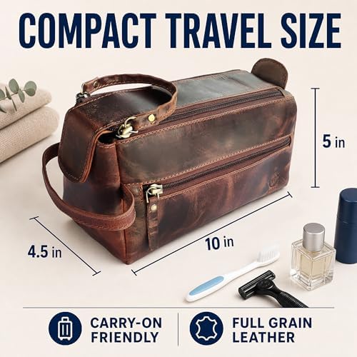 Leather Toiletry Bag for Men - Full Grain Travel Dopp Kit & Shaving