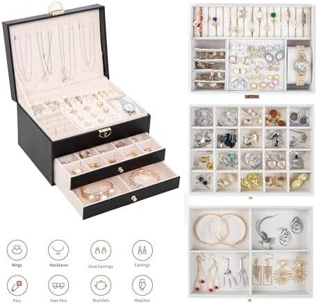 GUOER Jewelry Box for Women Girls, 3 Layers Large Jewelry Organizer