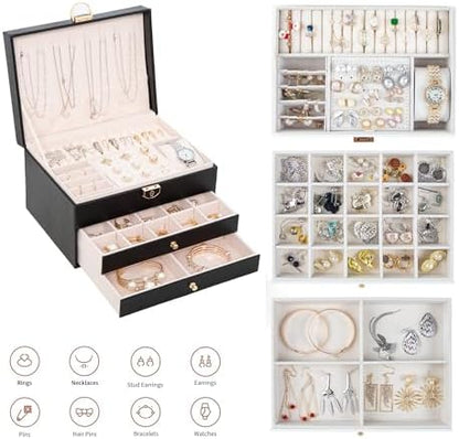 GUOER Jewelry Box for Women Girls, 3 Layers Large Jewelry Organizer