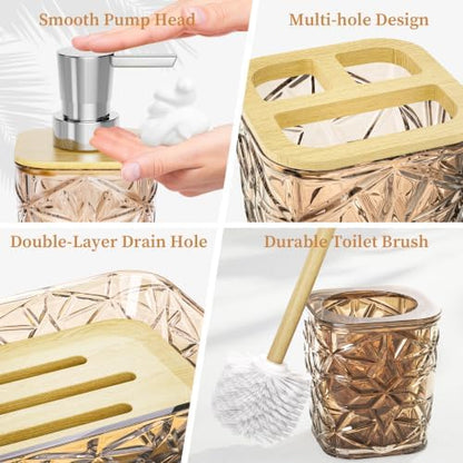 Bathroom Accessory Set, 9-Piece Brown Bathroom Set with Trash Can