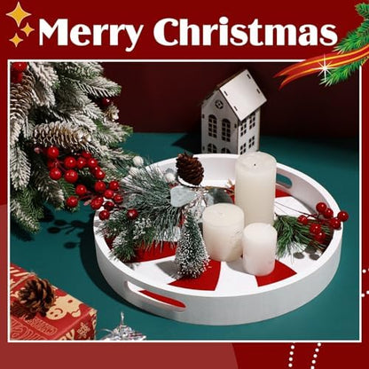 Christmas Serving Tray with Handles Xmas Round Wooden, Candy Cane