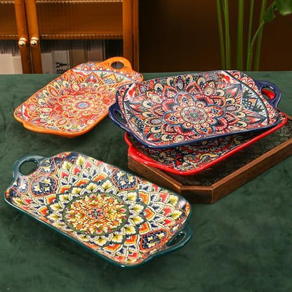 Boho Ceramic Serving Platters with Handles Set of 4, 12.59 Inch Large