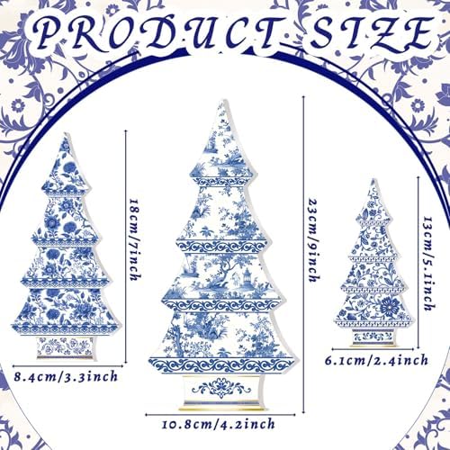 3 Pcs Chinoiserie Christmas Tree Decor Blue White Wooden Decor