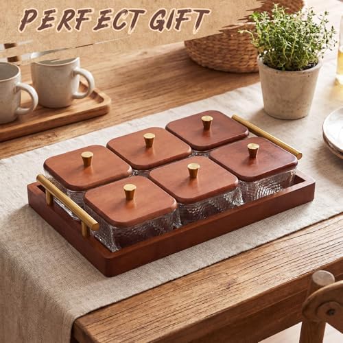 Domensi 6 Glass Snackle Box with Wood Tray and Lids Dry Fruit
