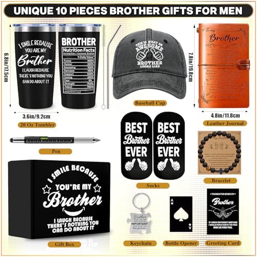 10 PCS Brother Gifts from Sister with 20 Oz Tumbler Journal Cap