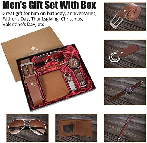 6pcs Men's Gift Set with Box Brown Leather Belt Wallet Watch Glasses