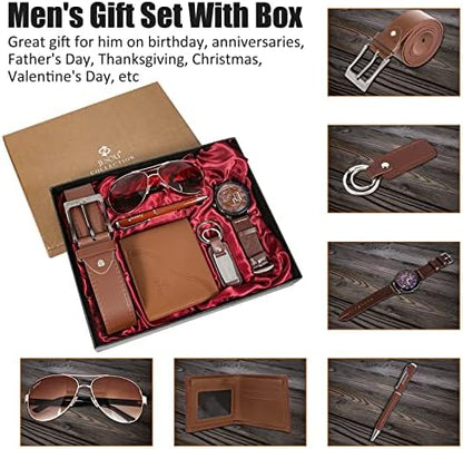 6pcs Men's Gift Set with Box Brown Leather Belt Wallet Watch Glasses