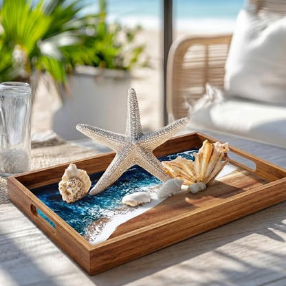 Novabright Rectangular Acacia Wood Serving Tray with Ocean Resin Art