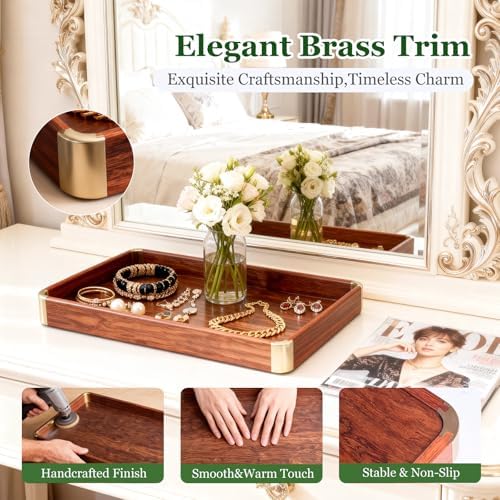 Bubinga Wood Serving Tray, 14.5"x9.8" Decorative Tray with Brass
