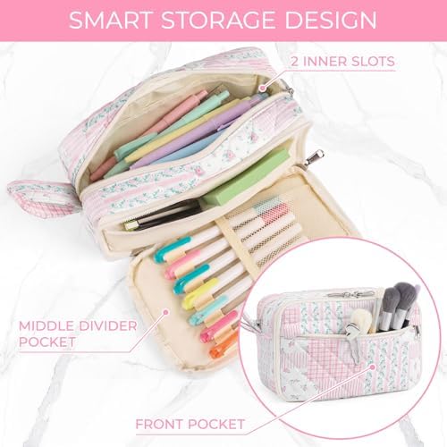 WOBAGMEN Quilted Pencil Pouch for Girls Women, Large Pencil Case Pouch