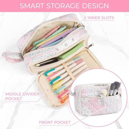 WOBAGMEN Quilted Pencil Pouch for Girls Women, Large Pencil Case Pouch
