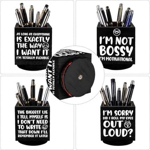 Outus Wooden Rotating Pen Holder Funny Quote Desk Organizer,Black