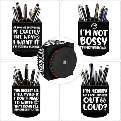 Outus Wooden Rotating Pen Holder Funny Quote Desk Organizer,Black