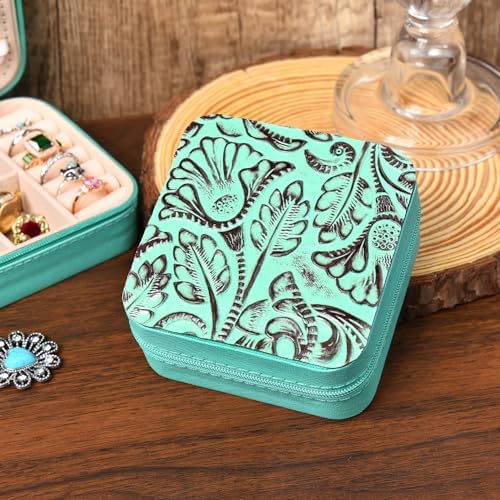 DEEKA Western Jewelry Box Case Real Leather Turquoise and Brown