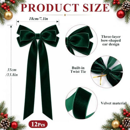 JOICEE 12Pcs Large Green Christmas Velvet Bows for Christmas Tree